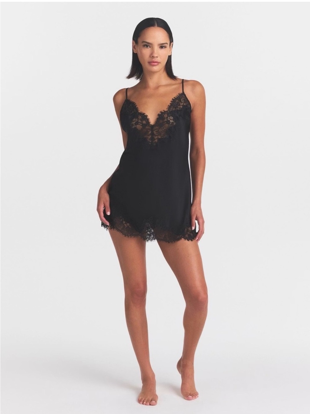 Silk-Feel Lace Trim Chemise - Black